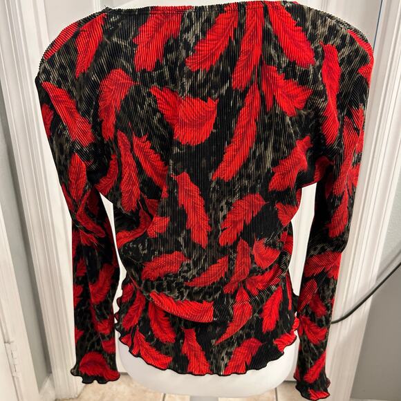 Red Feather Print Long Sleeve Pleated Top – Size PL Women’s Stretch Blouse - Picture 2 of 3